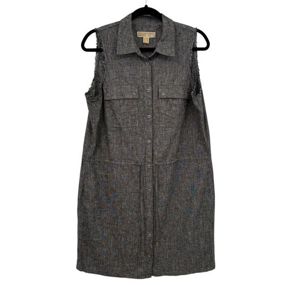 Michael Kors Linen Frayed Sleeve Snap Button Drawstring Dress Black Size Large - Picture 1 of 9